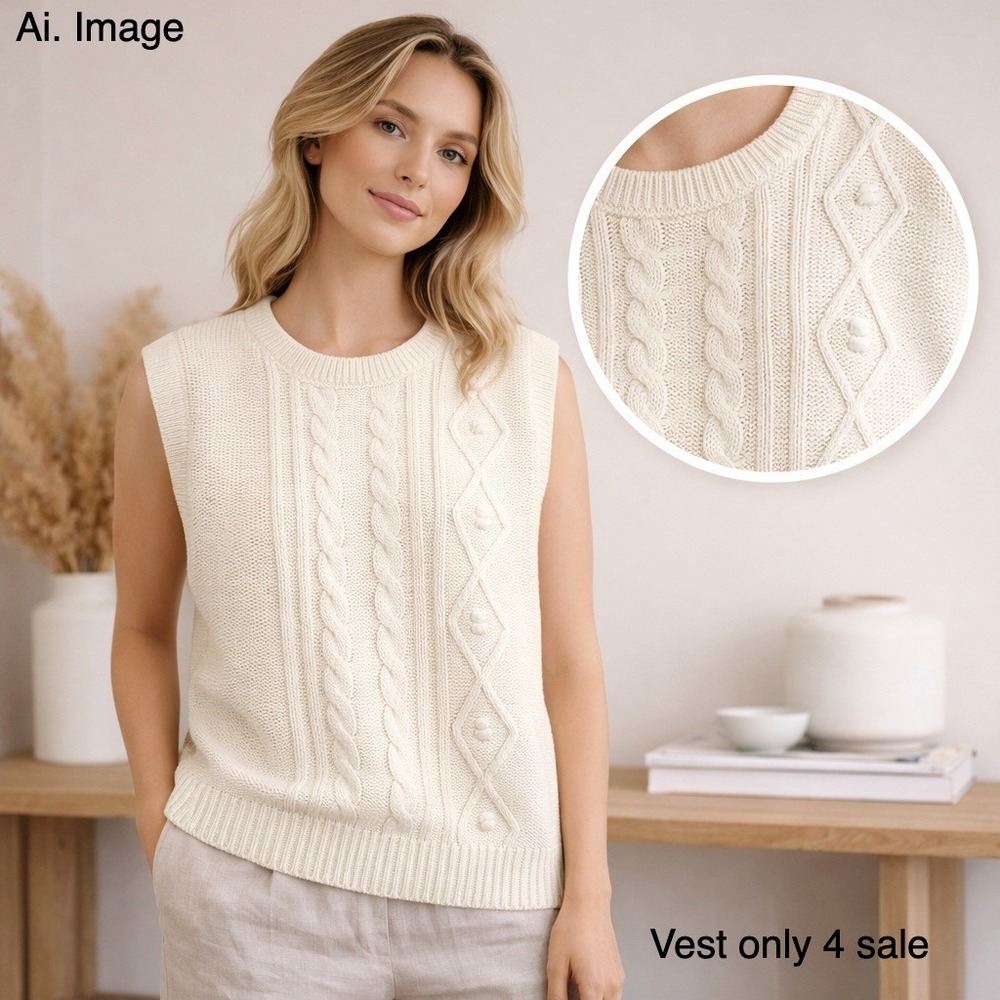 Frye and Co Women XL Cream Cable Knit Sweater Vest Diamond Bobbles Seed Stitch